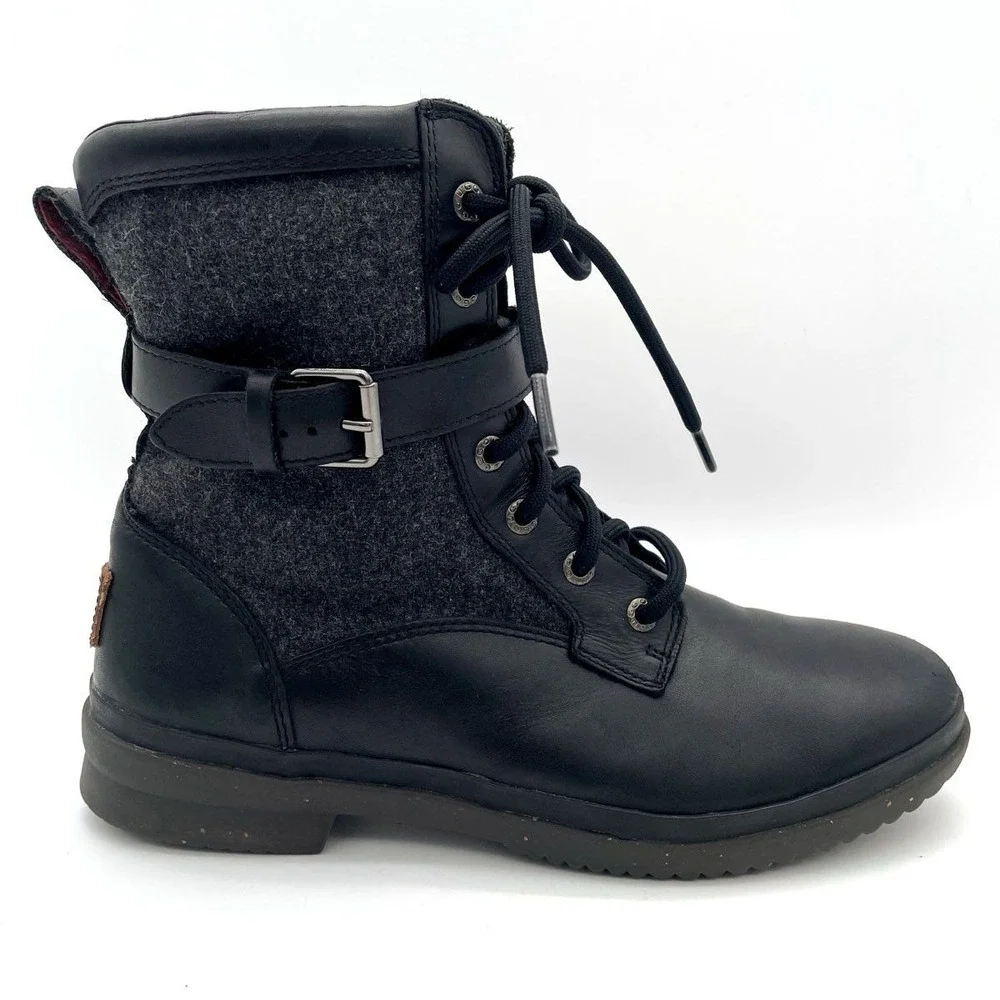 UGG Waterproof Leather Wool Lace Up Combat Boots Womens Size 9 Black Gray